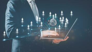 customer service, social media. digital marketing CRM concept Customer Relationship Management, Businessman touch icon with global structure customer network technology, Data exchanges development photo