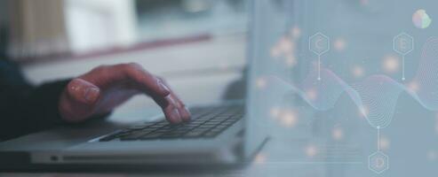 Businessman hands typing on laptop computer keyboard, surfing internet working in business concept.SEO, Search Engine Optimization, analysis financial data report, investment strategy and planning photo