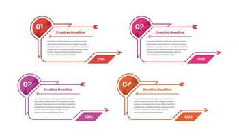 Four step text presentation timeline infographic template with abstract arrow shape and number vector