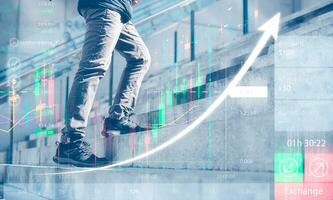 investment stock market trading concept, Motivation and challenging Concept. Steps Forward into a Success. Low Section of man Walking Up on Staircase, financial and business growth strategy photo