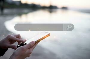 Searching Engine Browsing Internet Data Information Networking Concept, woman clicking internet search page on smartphone, copy space, man using smartphone surfing on internet information map guide photo
