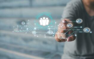 customer service, social media. digital marketing CRM concept Customer Relationship Management, Businessman touch icon with global structure customer network technology, Data exchanges development photo