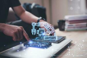 artificial intelligence Digital transformation change management, internet of things. man  working on smartphone computer tablet and virtual diagram, smart industry.Ai tech photo