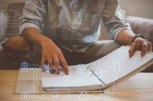 businessman holding files folder with virtual document in Document data system Report HR technology Concept, data analysis, research and development photo