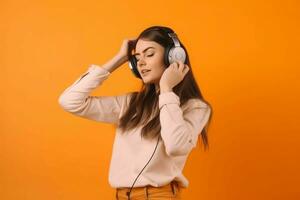 Woman headphones music. Generate AI photo