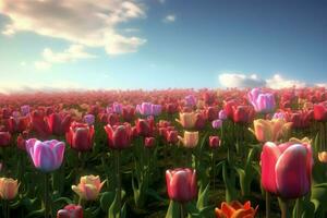 Tulips summer field bloom. Generate Ai photo