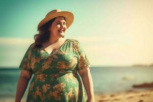 Plus size woman dress beach. Generate Ai photo