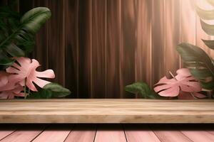 Tropical pink wooden background. Generate Ai photo