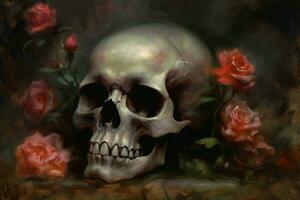 Skull roses paint life. Generate Ai photo