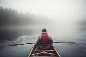 Man boat foggy. Generate Ai photo