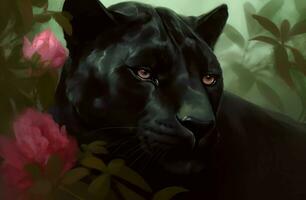 Panther head flowers mammal. Generate Ai photo