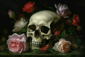 Skull roses paint nature. Generate Ai photo