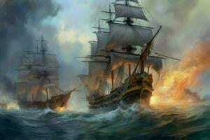 Pirate ships sea battle. Generate Ai photo