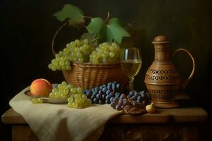 Grape basket wine table. Generate Ai photo