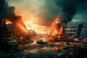 Destruction city fire disaster. Generate Ai photo