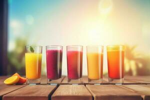 Fresh juices desk sunlight. Generate Ai photo