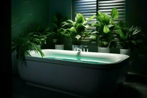 White tub water green leaves. Generate Ai photo