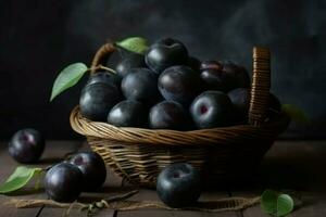 Black plums basket food. Generate Ai photo