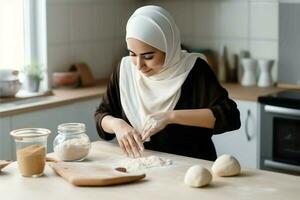 Muslim woman making dough. Generate Ai photo