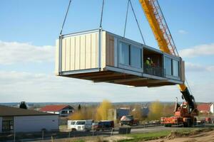 Prefabricated home lifted by crane. Generate Ai photo