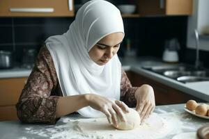 Muslim woman making dough cooking. Generate Ai photo