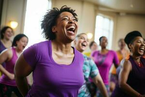 zumba clase riendo juntos. generar ai foto