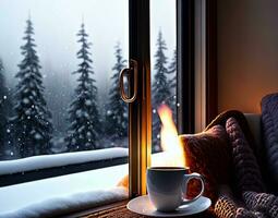 A moment by the fireside, with a cup of cocoa, and a view of snowflakes falling outside the window photo