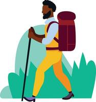 Man hiking wearing a backpack and holding a hiking pole flat style vector illustration, Male hiker, A Guy trekking with a trekking pole stock vector image