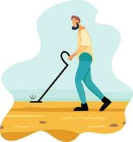 Man with a metal detector on a beach flat style stock vector image, Guy walking with a pulse induction metal detector, searching for metal objects on the beach stock vector image