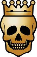 Golden skull with crown dead king stock vector illustration, Golden smiling Skull and crown, skull wearing a crown logo template, symbol, icon, clip art stock vector image