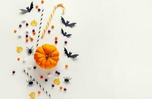 Happy Halloween banner or party invitation background with clouds bats and pumpkins photos