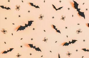 Happy Halloween banner or party invitation background with clouds bats and pumpkins photos