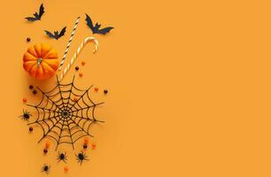 Happy Halloween banner or party invitation background with clouds bats and pumpkins photos