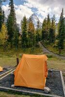 Orange tent camping on campground with mount Assiniboine in provincial park photo