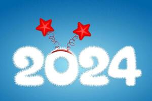 Cute fluffy white cartoon 2024 new year number with star headband. Christmas, new year concept vector
