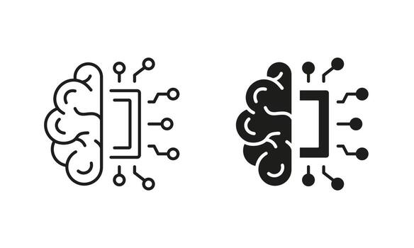 AI Innovation Concept Line and Silhouette Icon Set. Human Brain, Network Chip Technology Pictogram. Artificial Intelligence Symbol Collection on White Background. Isolated Vector Illustration.
