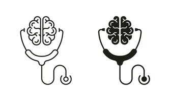 mental salud concepto, humano cerebro y estetoscopio línea y silueta icono colocar. salud cuidado símbolo colección en blanco antecedentes. psicología, neurología ciencia. aislado vector ilustración.