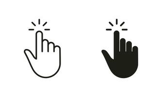 Press Gesture, Hand Cursor for Computer Mouse Line and Silhouette Black Icon Set. Click, Tap, Touch, Point Sign Collection. Pointer Finger Pictogram on White Background. Isolated Vector Illustration.