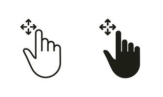 Drag and Drop Arrows with Hand Finger Line and Silhouette Black Icon Set. Pinch Screen, Rotate Touch Screen Pictogram. Drag and Drop Gesture Symbol Collection. Isolated Vector Illustration.