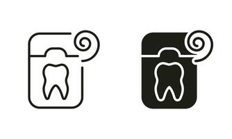 Dental Floss Line and Silhouette Icons Set. Oral Medicine Sign. Dentistry Treatment, Tooth Hygiene Symbol. Teeth Care Equipment, Clean Mouth Black Pictogram Collection. Isolated Vector Illustration.