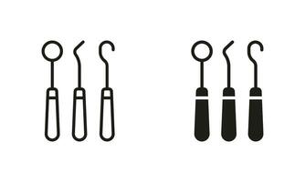 Dental Instruments Silhouette and Line Icon Set. Dentistry Professional Equipment Pictogram Collection. Stomatology Sign. Dentists Tools for Tooth Medical Care Symbol. Isolated Vector Illustration.