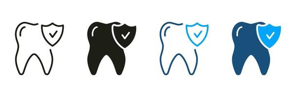 Teeth Protection and Hygiene Silhouette and Line Icon Set. Tooth Defense. Dental Treatment Symbol Collection. Medical Insurance, Oral Care Black and Color Pictogram. Isolated Vector Illustration.