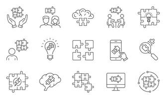 Teamwork, Team Building Collaboration Line Icon Set. Jigsaw Puzzle Matching. Business Community Connect. Partnership Success, Unity Linear Pictogram. Editable Stroke. Isolated Vector Illustration.