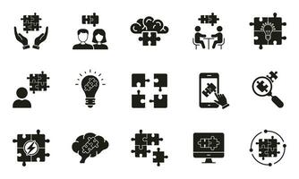 Teamwork, Collaboration, Team Building, Unity Silhouette Icon Set.Puzzle Jigsaw Matching Glyph Pictogram. Business Partnership Connect. Success in Community Solid Symbol. Isolated Vector Illustration.