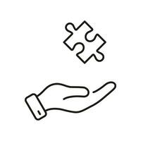 Puzzle and Human Hand Line Icon. Jigsaw Piece, Success Teamwork Linear Pictogram. Solution, Idea, Strategy, Problem Solving Outline Sign. Editable Stroke. Isolated Vector Illustration.