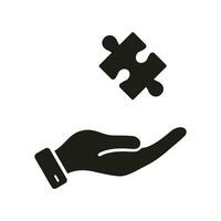 Human Hand Hold Puzzle Silhouette Icon. Solution, Idea, Strategy, Problem Solving Glyph Pictogram. Jigsaw Piece, Success Teamwork Solid Sign. Isolated Vector Illustration.