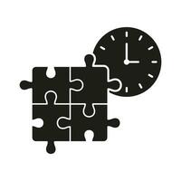 Jigsaw Pieces and Watch, Idea Countdown Silhouette Icon. Puzzle with Time, Urgency Solution Glyph Pictogram. Deadline to Find Teamwork Strategy Solid Sign. Isolated Vector Illustration.