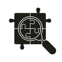 Puzzle Parts with Magnifier Silhouette Icon. Jigsaw Pieces and Magnifying Glass Glyph Pictogram. Search, Problem Solving, Business Research, Analysis Solid Sign. Isolated Vector Illustration.