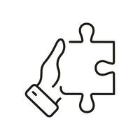 Human Hand Holds Jigsaw Piece Line Icon. Puzzle Game Solution. Success Teamwork Linear Pictogram. Problem Solving, Idea, Strategy Outline Sign. Editable Stroke. Isolated Vector Illustration.