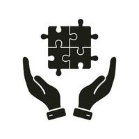 Puzzle Combination and Human Hand Solid Sign. Idea, Strategy, Problem Solving, Solution Glyph Pictogram. Jigsaw Pieces, Successful Teamwork Silhouette Icon. Isolated Vector Illustration.